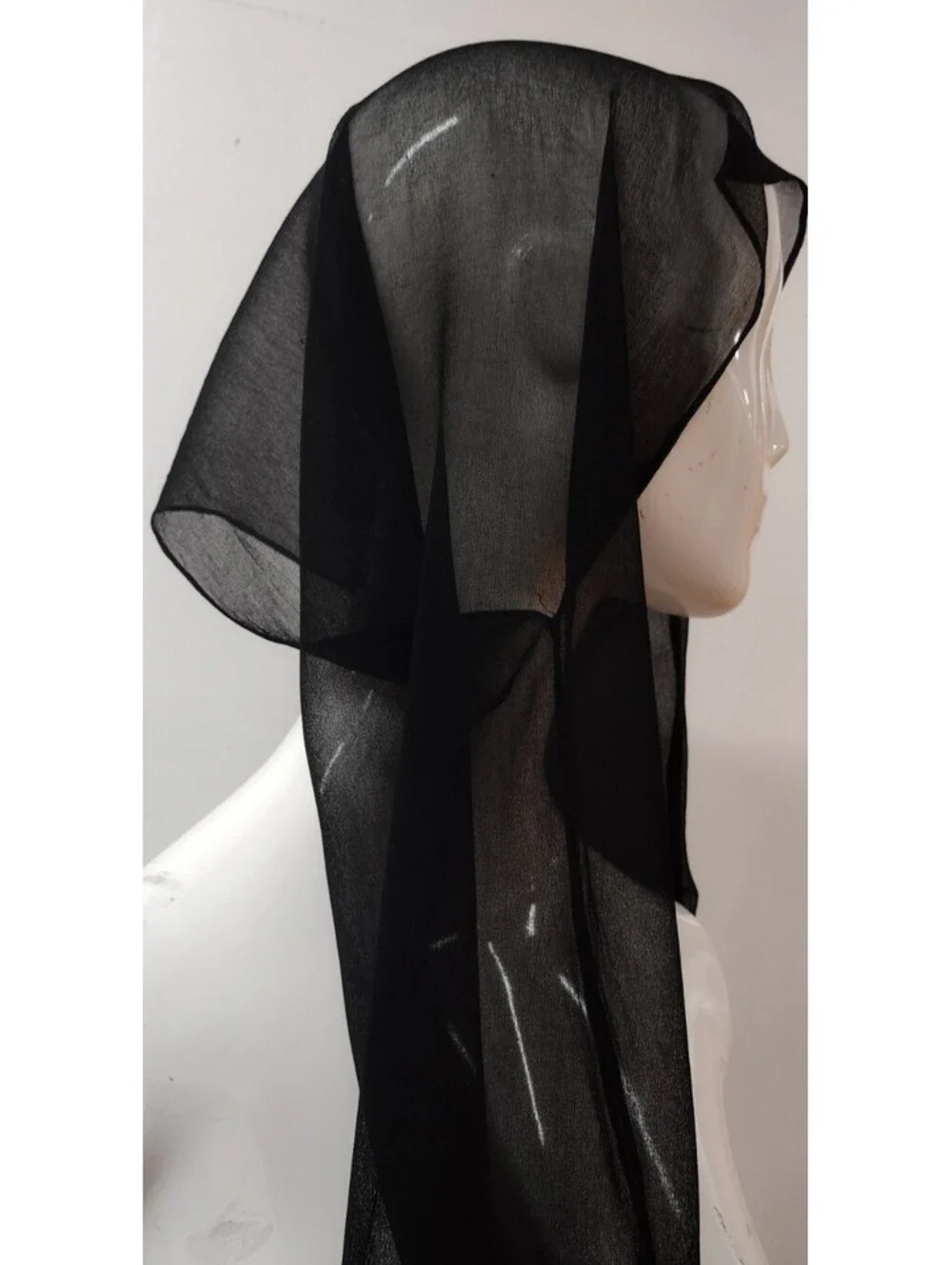 Vintage 1950s 100% Black Sheer Rayon Skinny Long Scarf for Headpiece or Pussybow